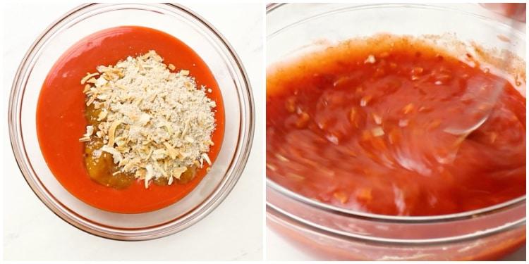 Mixing the sauce ingredients.