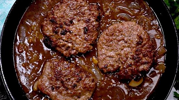 Cubed steak added back to pan.