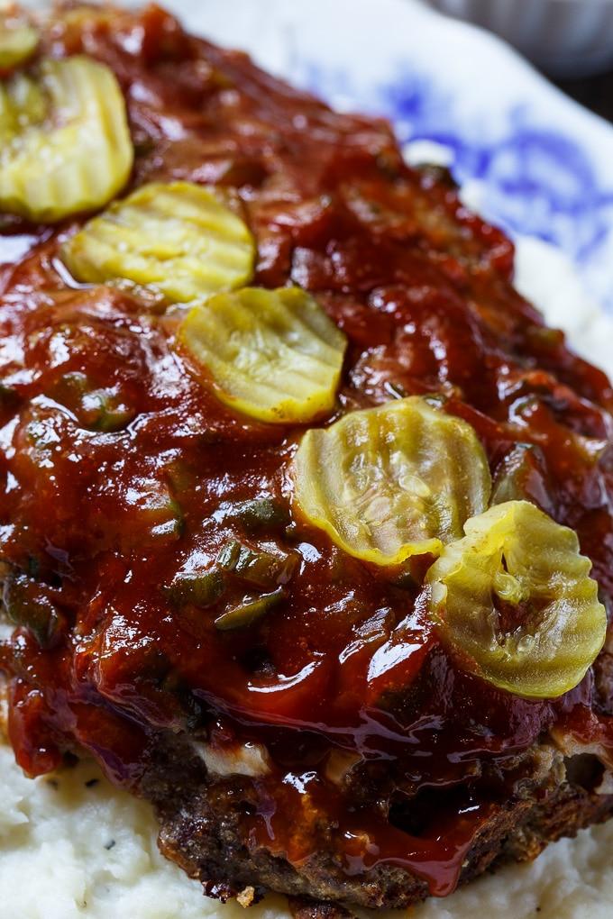 Dill Pickle Meatloaf flavored with pickle juice and chopped pickles