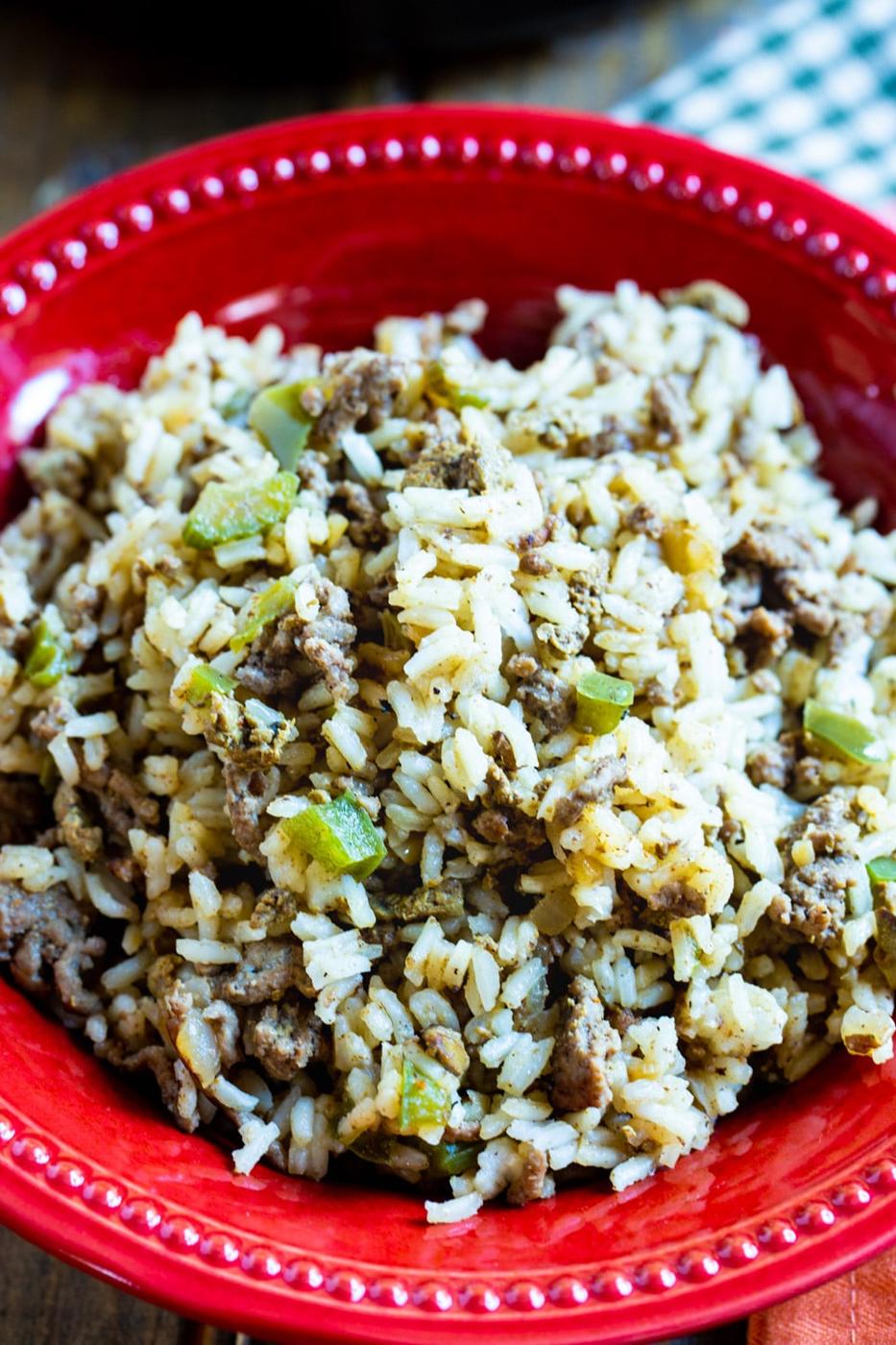 Rice in a red bowl.