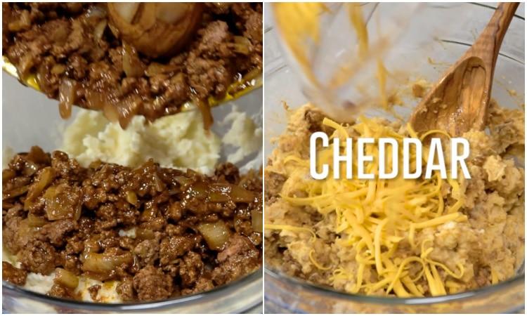 Mixing in taco mixture and cheese.