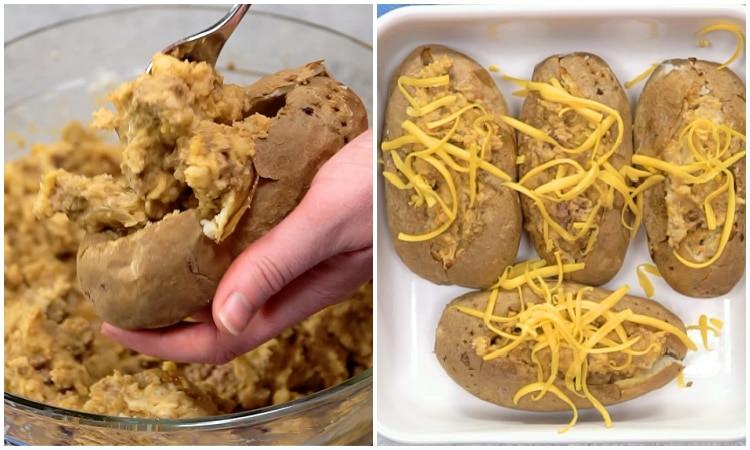 Stuffing the potatoes.