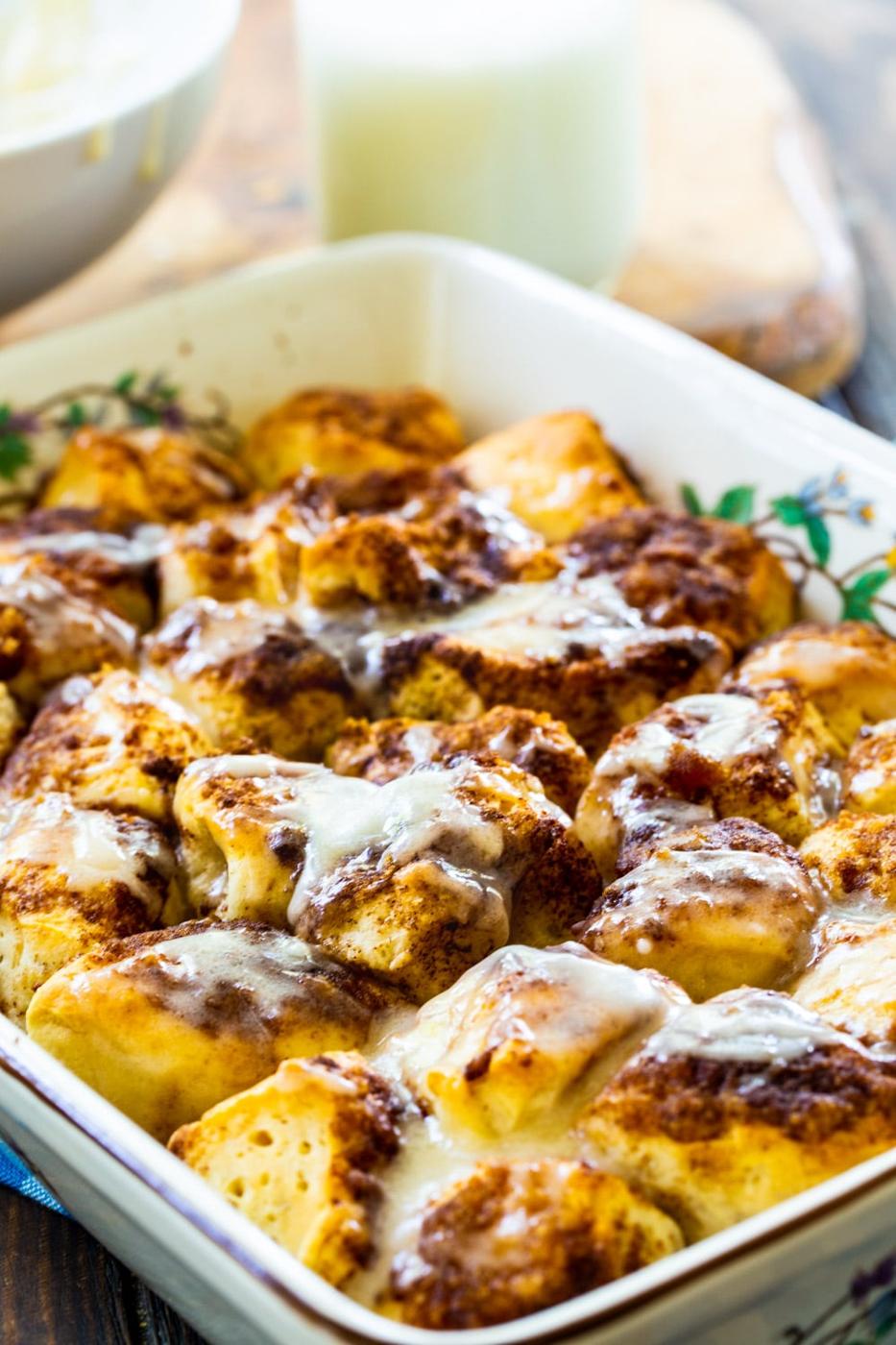 Cinnamon Roll Bites in a baking dish.