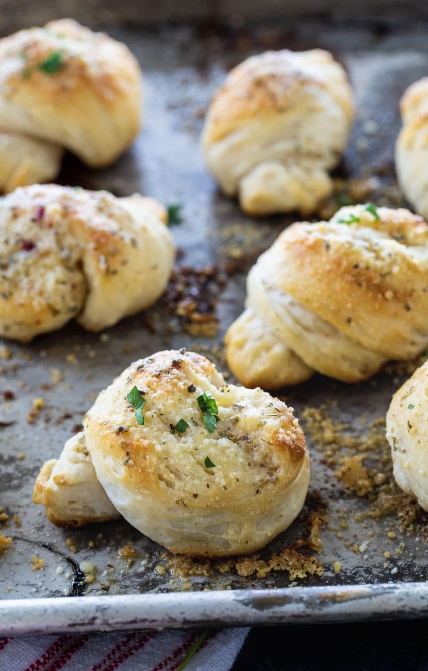 Easy Garlic Knots on a baking sheet.