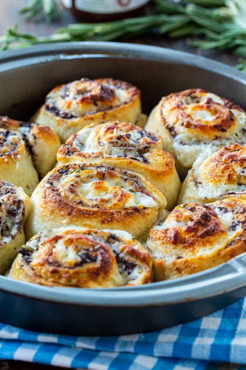 Olive Cheese Rolls baked in a 9-inch cake pan.