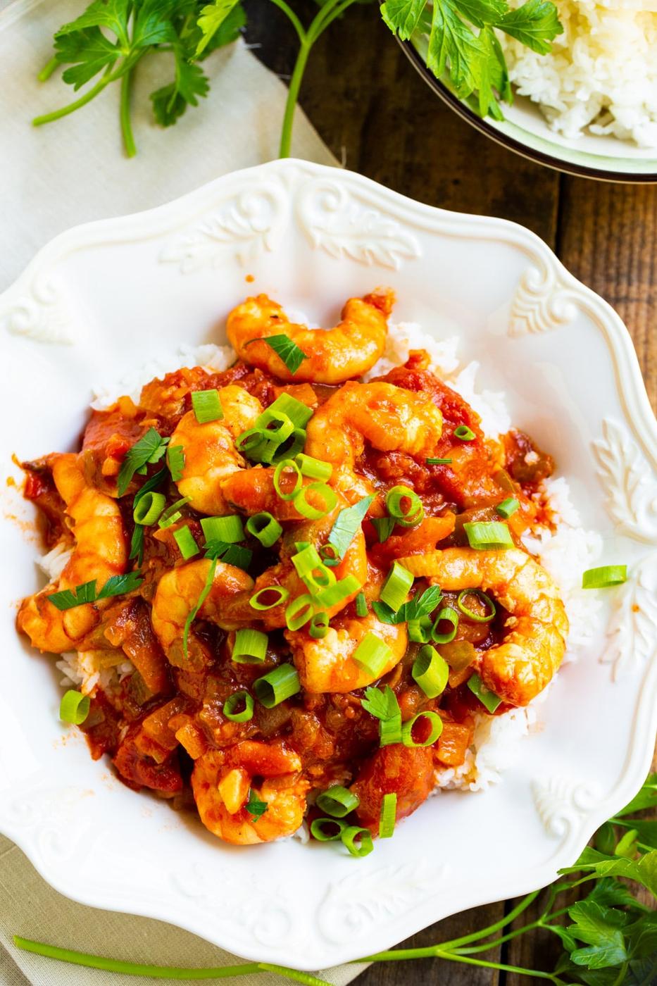 Shrimp Creole served over rice.