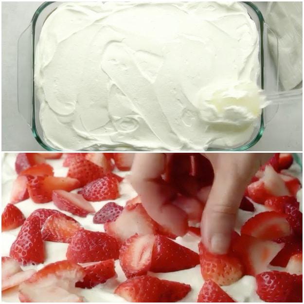 Spreading topping on cake and topping with strawberries.