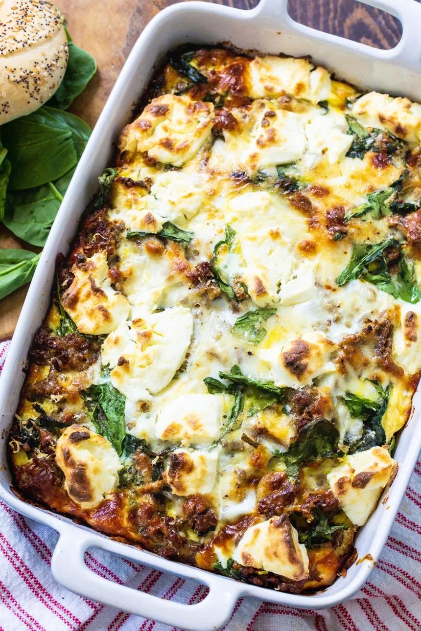 Bagel Breakfast Casserole in a baking dish.