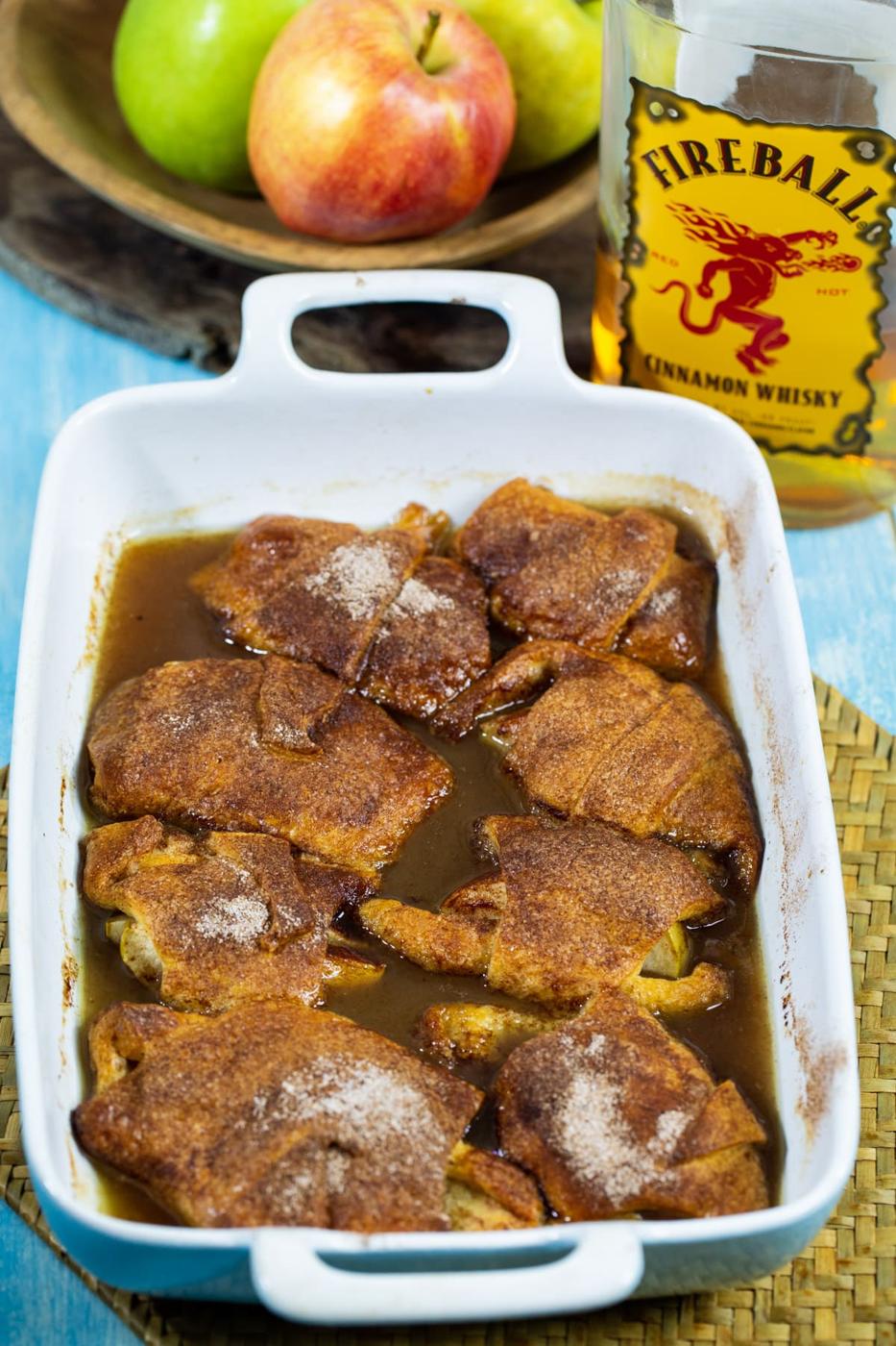 Fireball Apple Dumplings in baking dish.