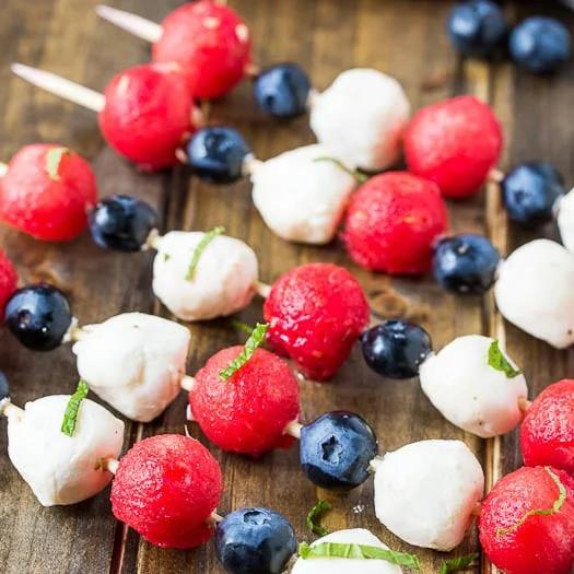 4th of July Fruit Kabobs with watermelon, blueberries, and mozzarella balls.