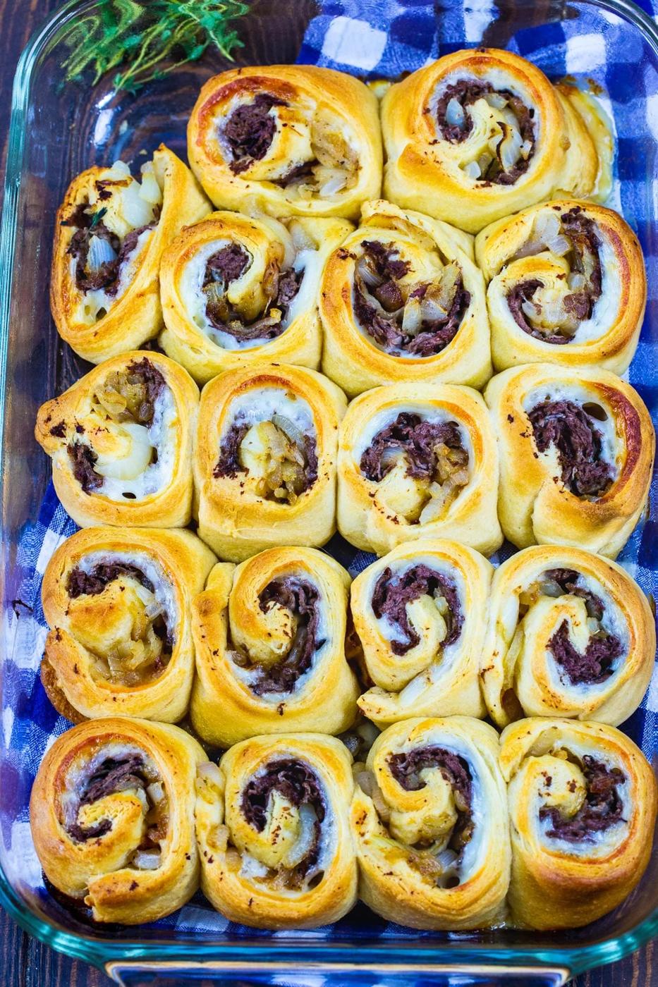 Pinwheels in a baking dish.