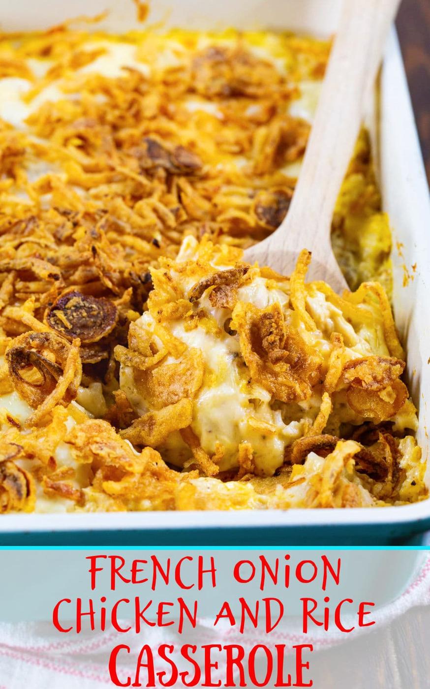 Spoon scooping up Chicken and Rice Casserole.