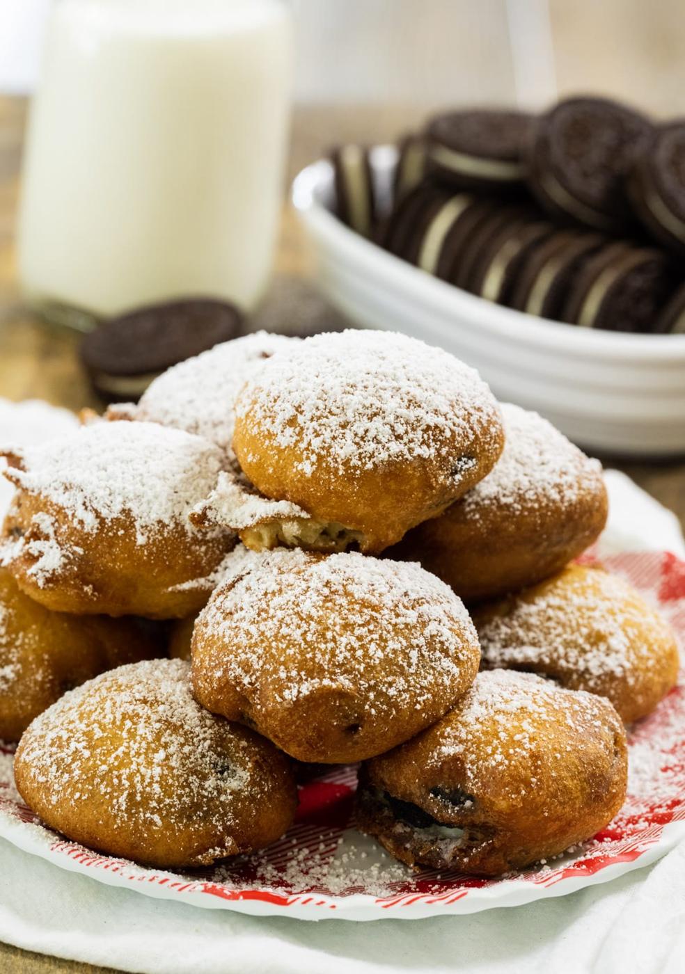 Fried Oreos on a plate.