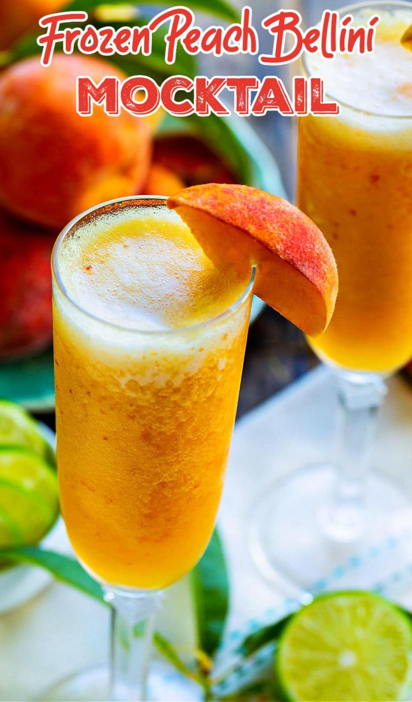 Peach bellini in champagne glass.