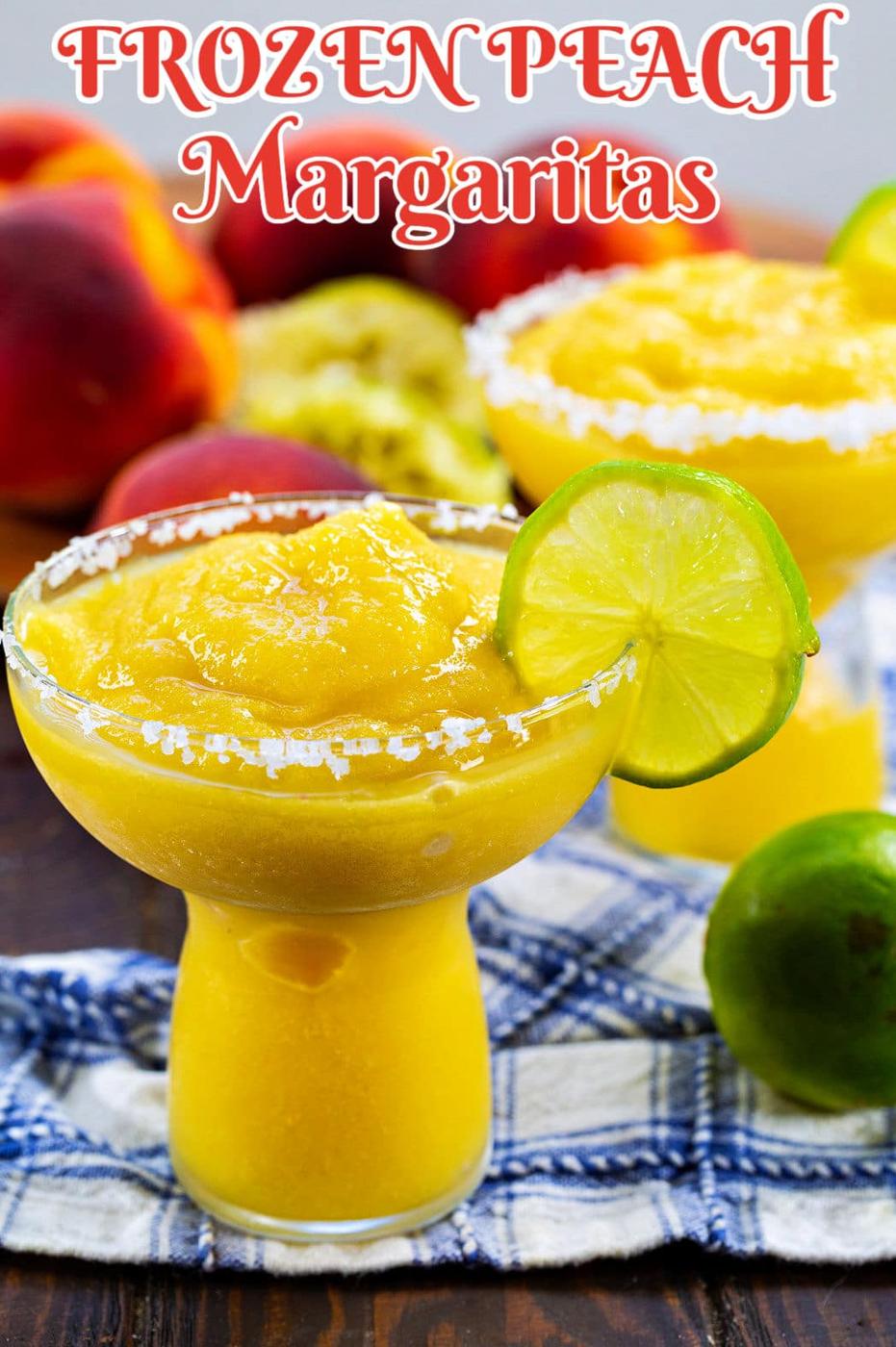 Frozen Peach Margaritas with fresh peaches in background.