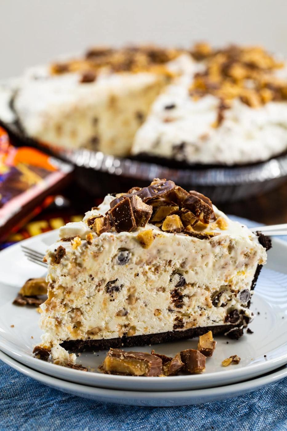 Slice of Frozen Toffee Pie topped with chopped heath bars.