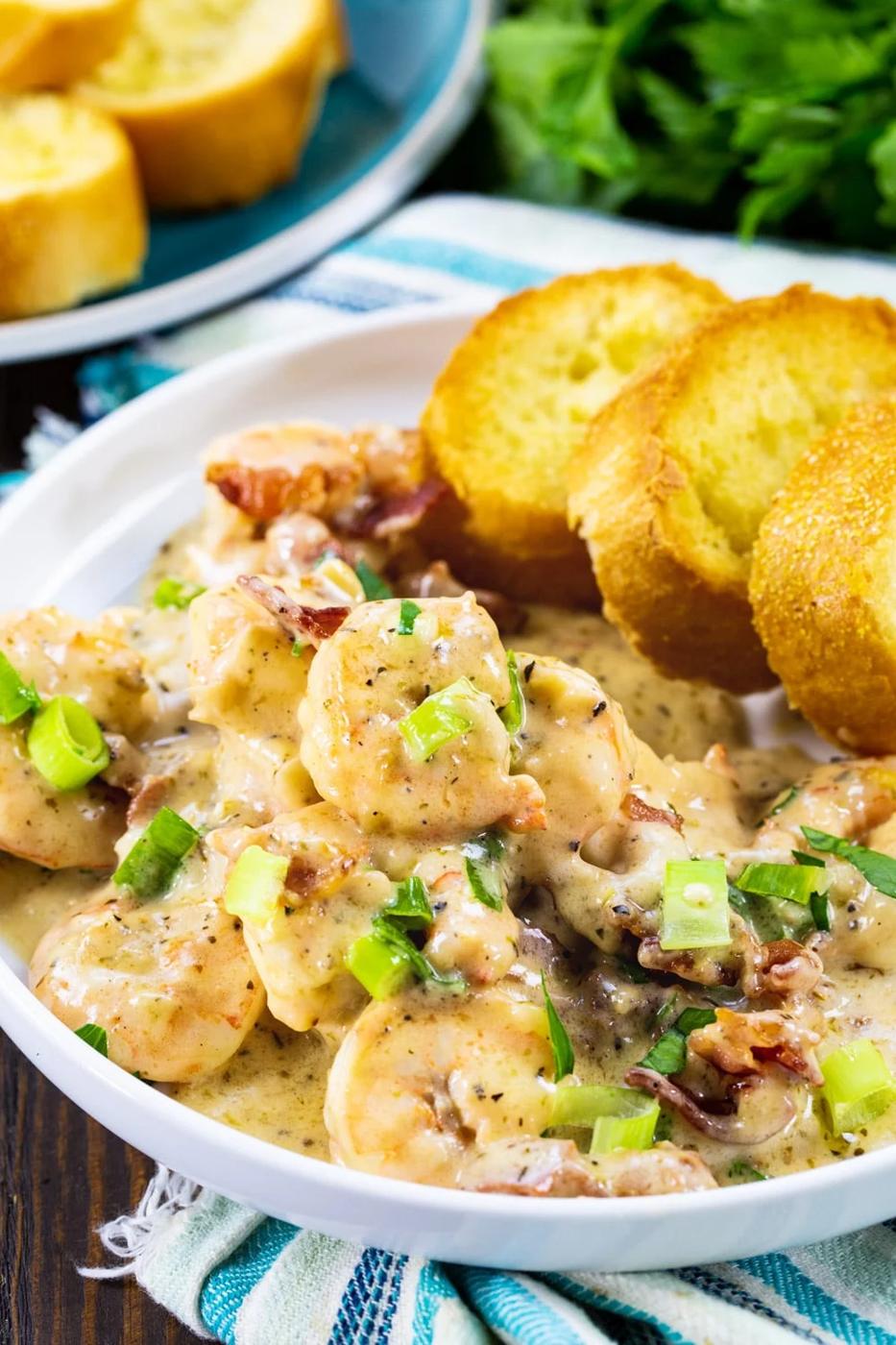 Garlic Shrimp in Creamy Parmesan Sauce on a plate.