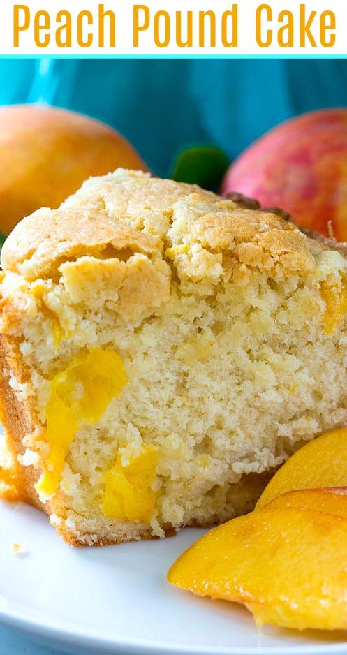 Slice of pound cake on a plate with peach slices.