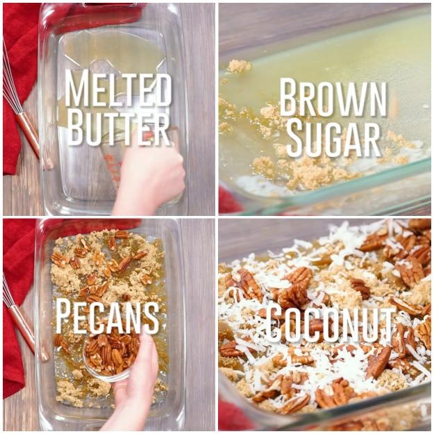 Adding melted butter, brown sugar, pecans, and coconut to pan.