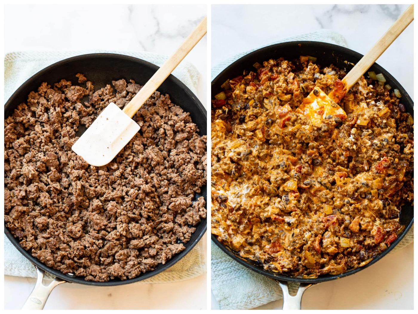 Ground Beef filling in skillet.