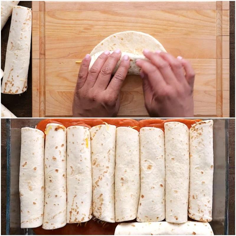 Assembling the enchiladas.