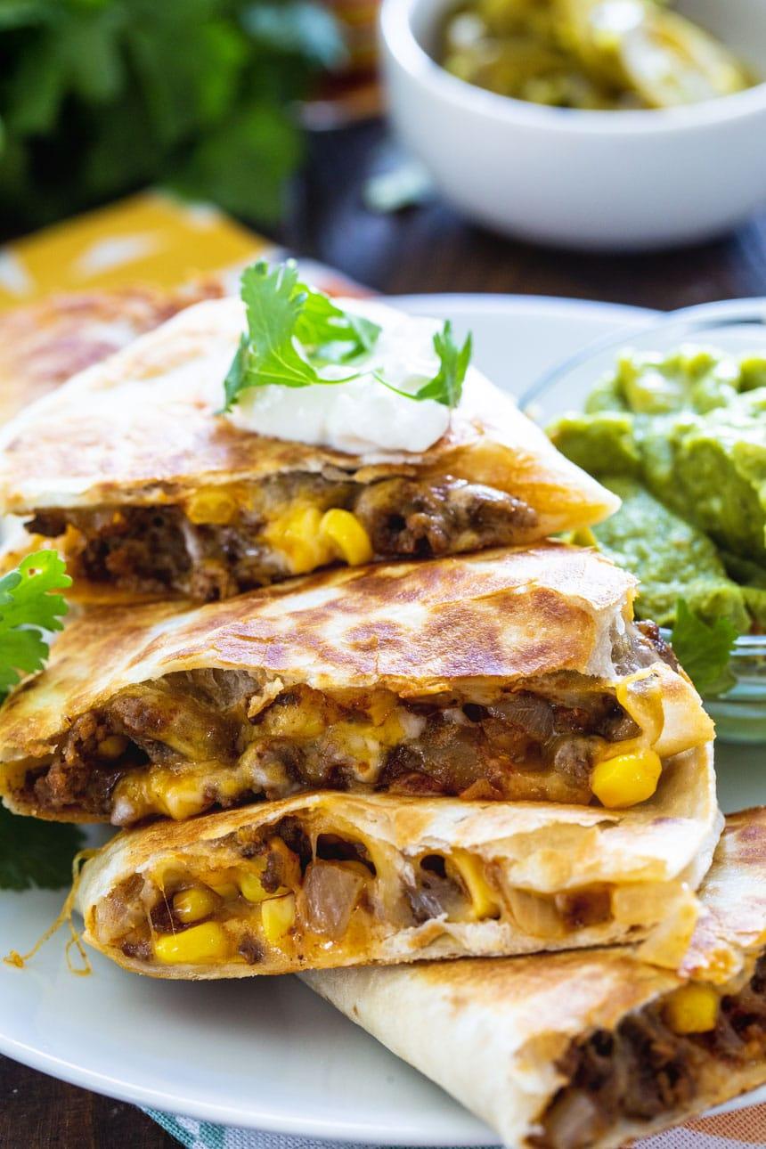 Close-up of Ground Beef Quesadilla cut itno wedges