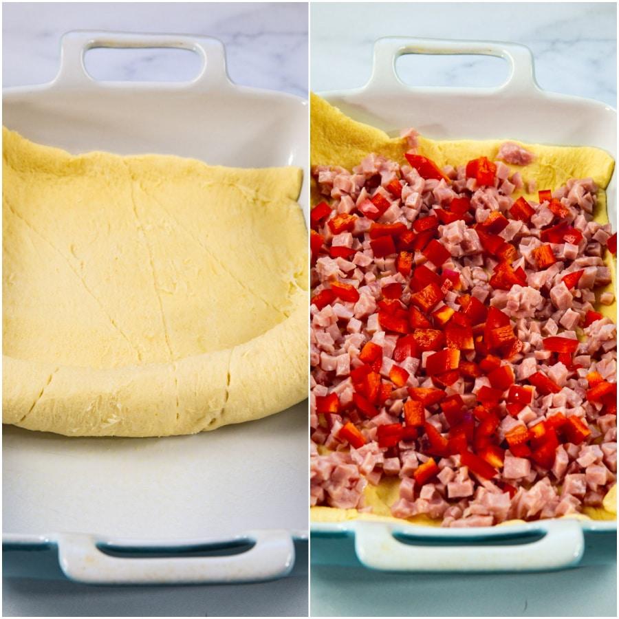 Collage picture showing dough being unrolled in pan and ham and pepper placed on top.
