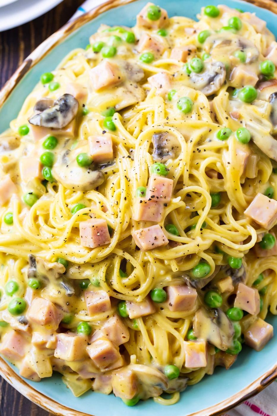 Ham Tetrazzini on a blue serving platter.