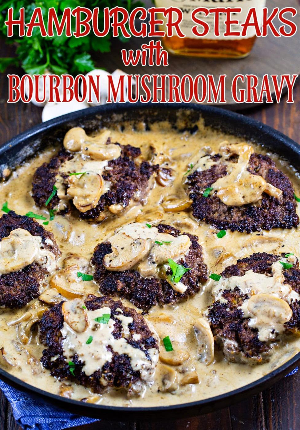 Hamburger Steaks in a skillet.