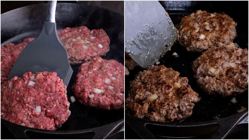 Cooking hamburger patties.