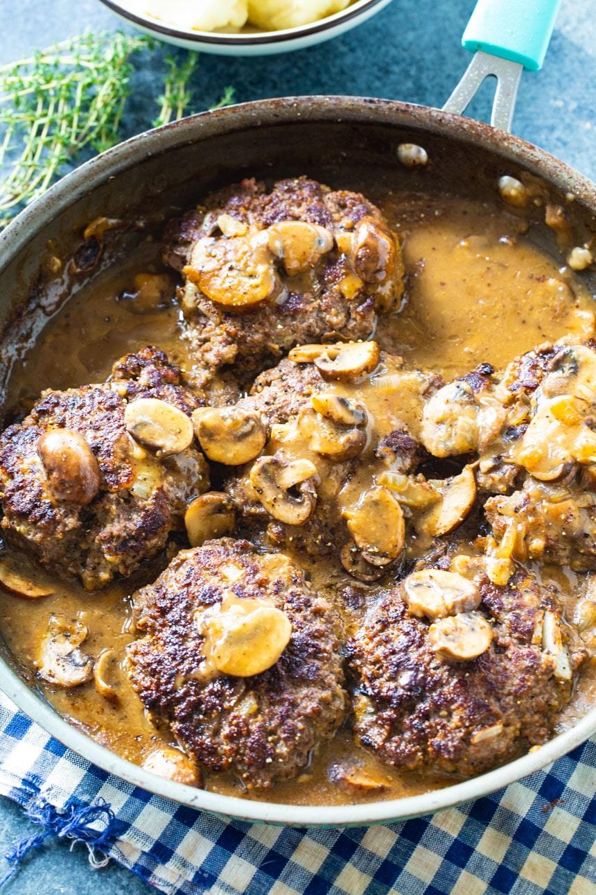 Hamburger Steaks with Mushroom Gravy in a large skillet.