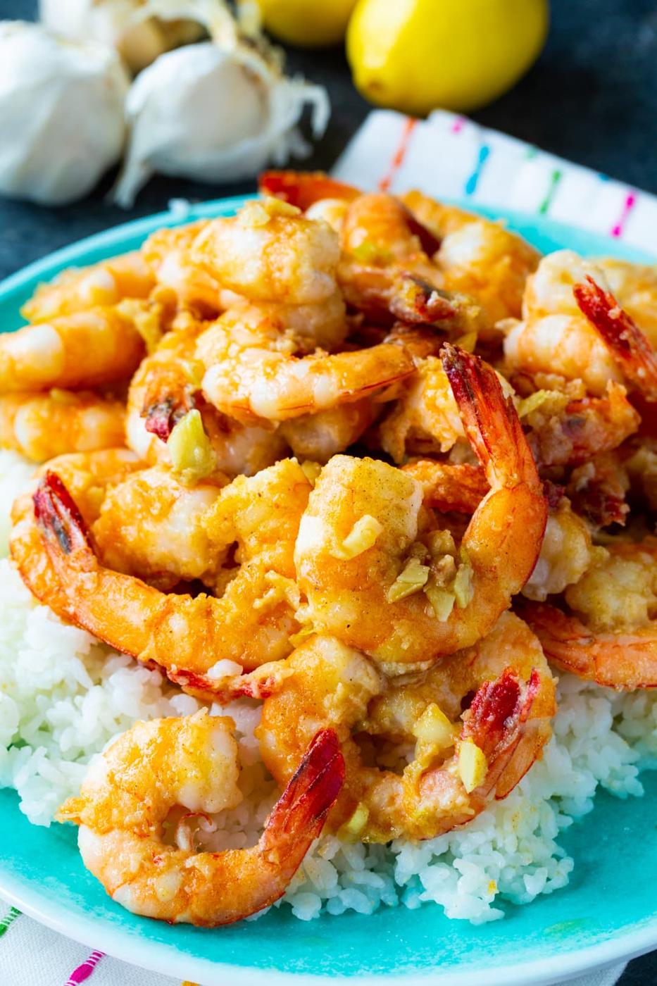 Hawaiian Garlic Shrimp served over rice.