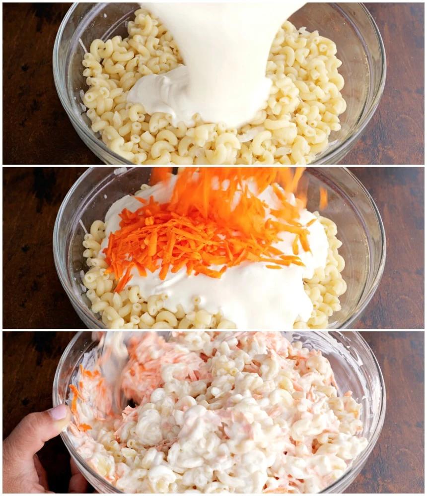 Mixing dressing and carrots in.