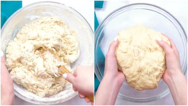 Kneading the dough and placing in a bowl to rise.