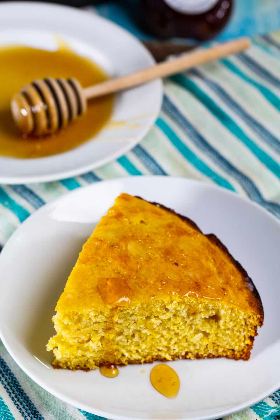 Honey Cornbread slice on a plate.