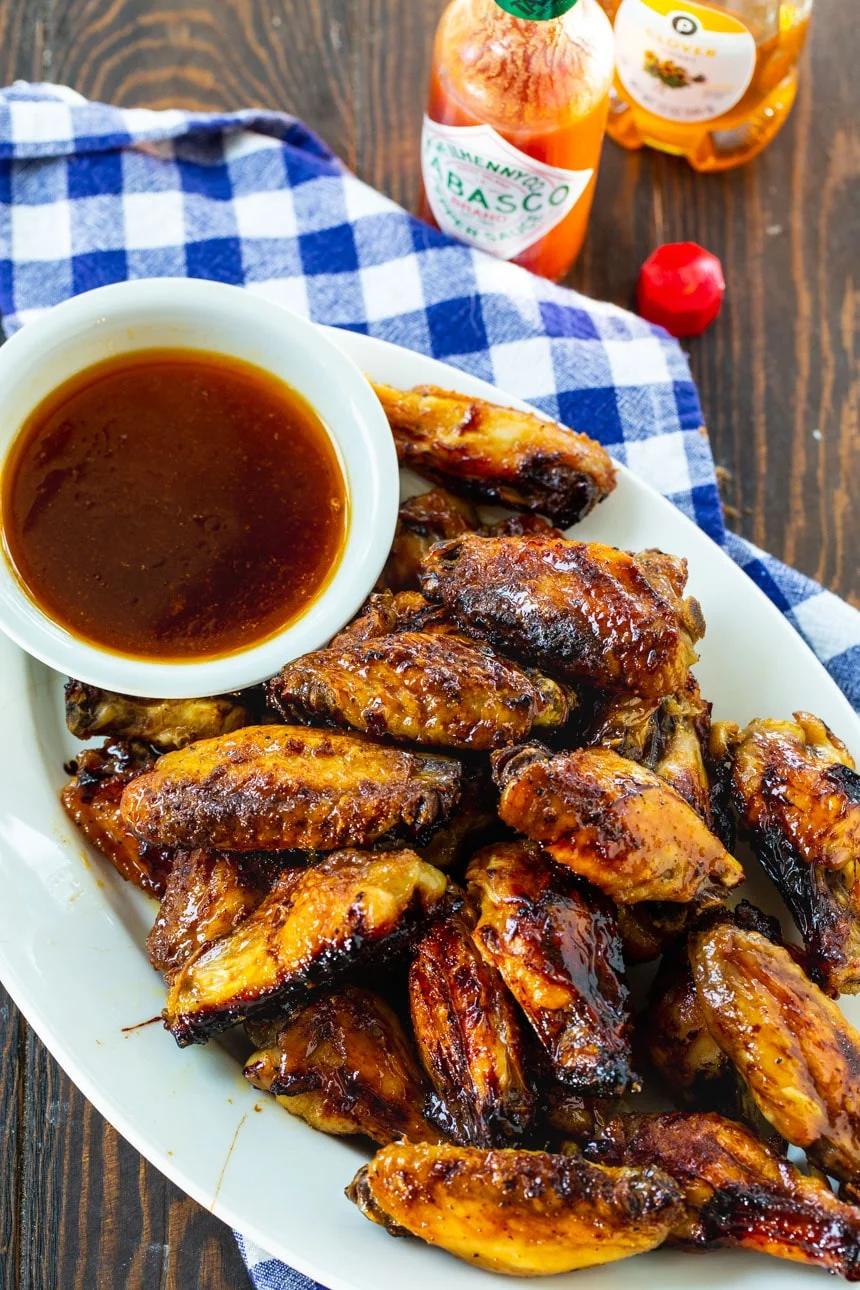 Overhead of Honey TABASCO Wings on serving platter.