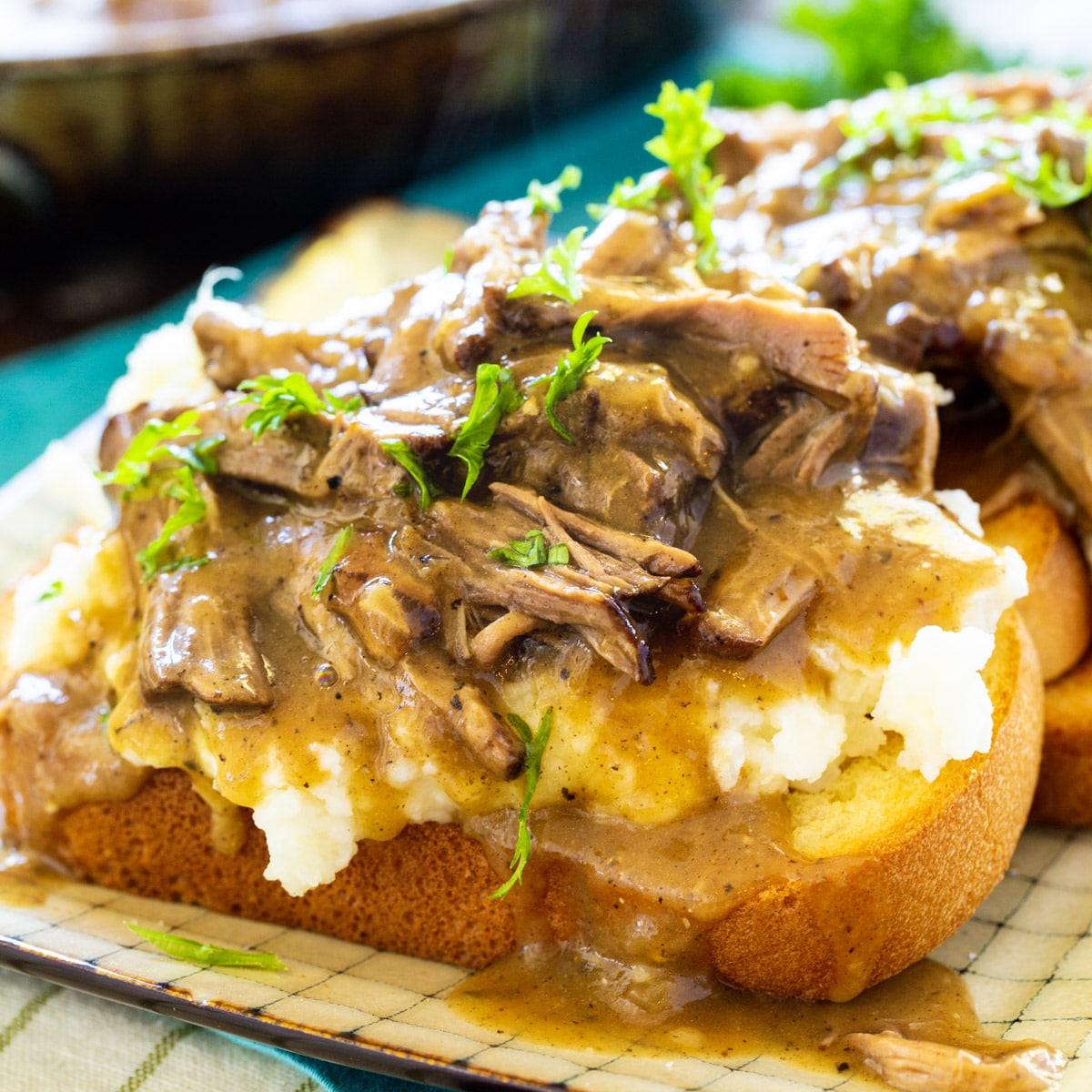 Hot Beef Sandwiches with Mashed Potatoes and Gravy