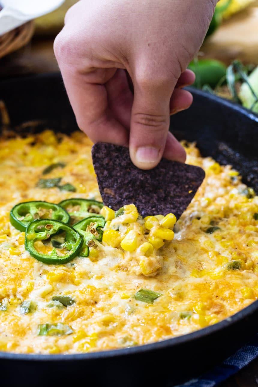 Hot Corn Dip with Jalapenos in cast iron pan