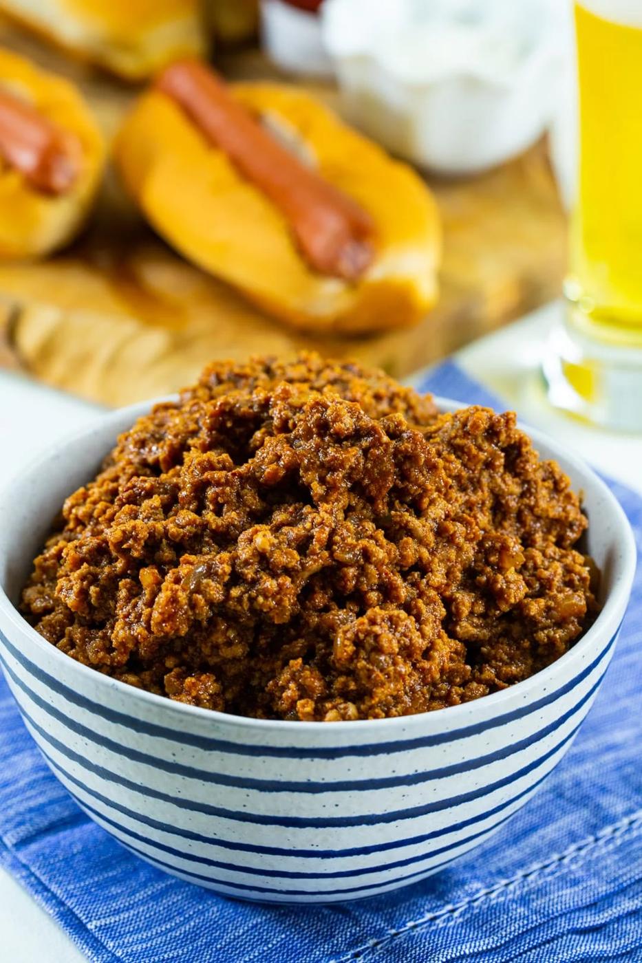 Bowl full of chili for hot dogs.