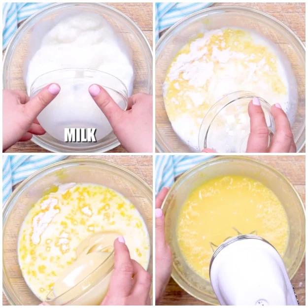 Mixing the pudding mixture.
