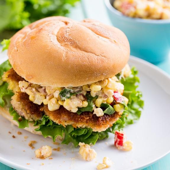 Indiana Pork Tenderloin Sandwich with creamy corn relish.