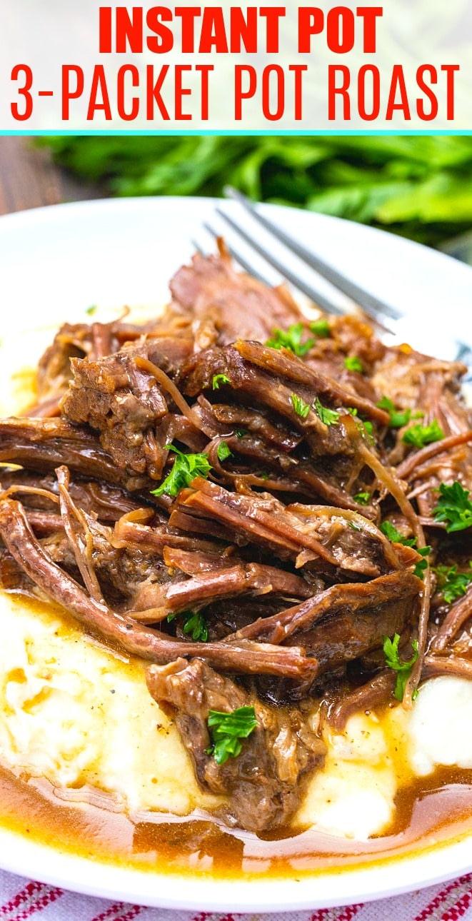 Instant Pot Pot Roast served over mashed potatoes