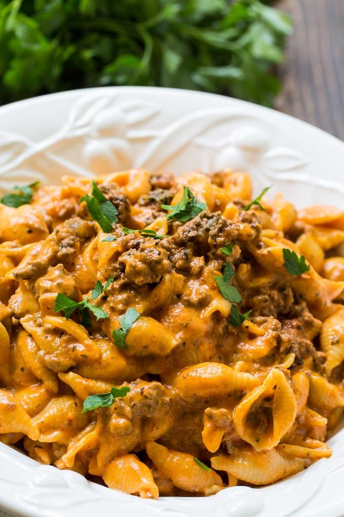 Instant Pot Creamy Shells and Beef is so cheesy and good!