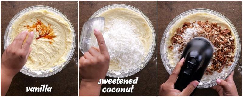 Adding vanilla, coconut, and pecans to batter.