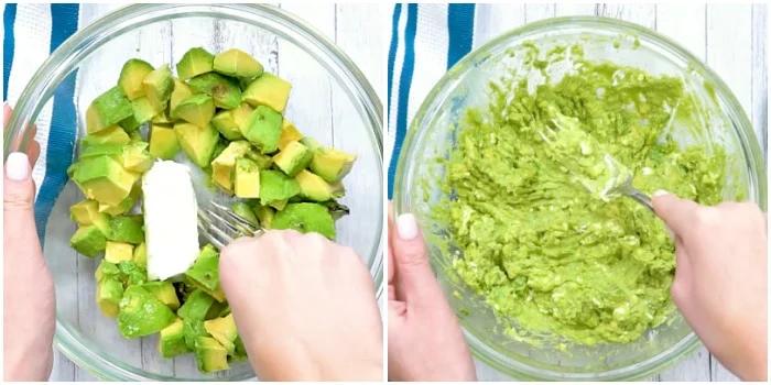 Mixing the avocados and cream cheese.