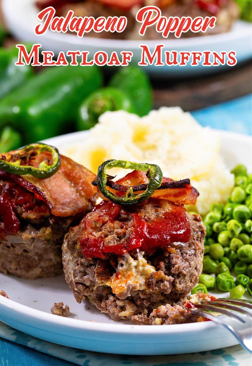 Jalapeno Popper Meatloaf Muffins on plate with peas and mashed potatoes.