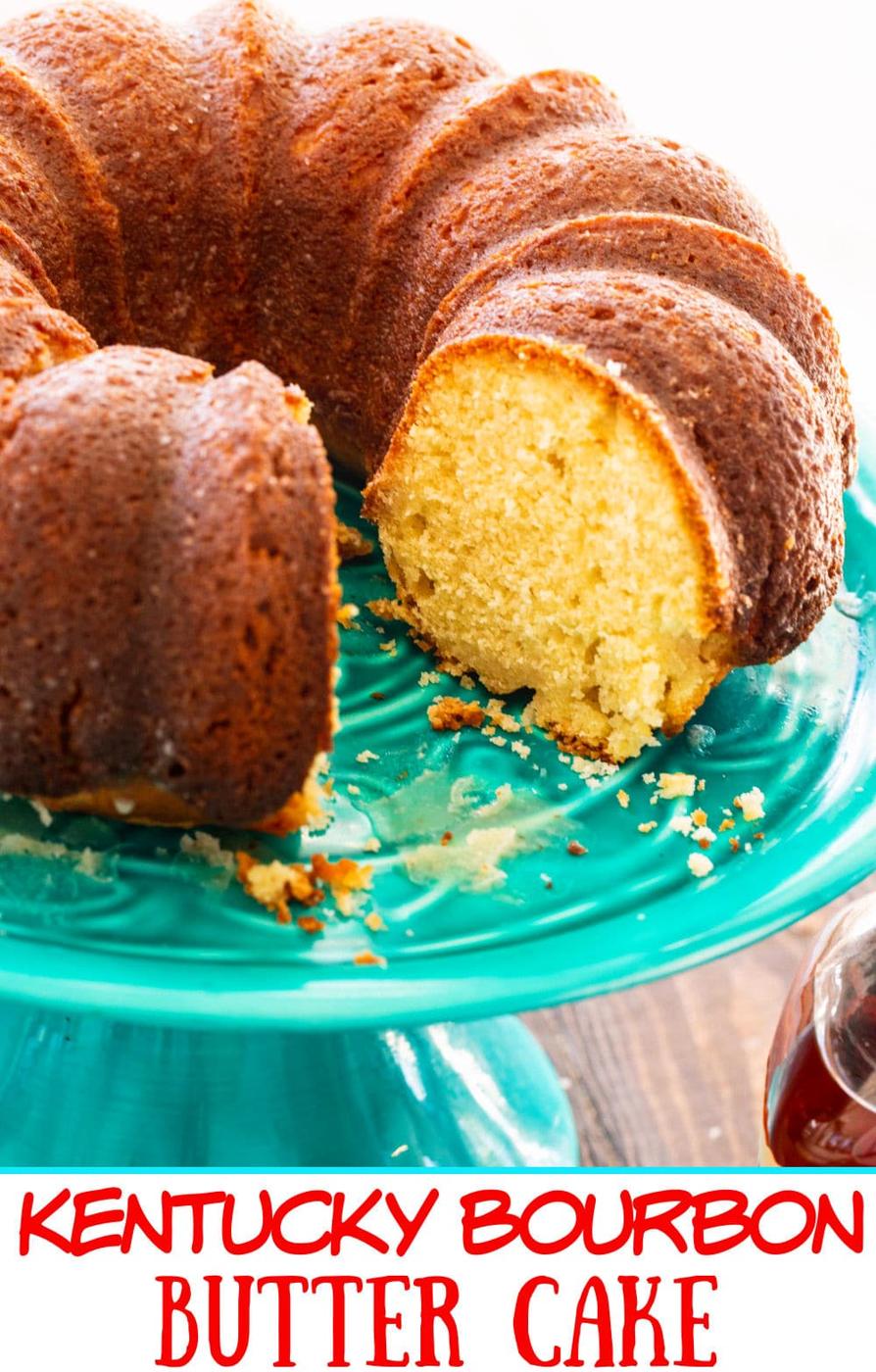 Bourbon Cake on a cake stand.