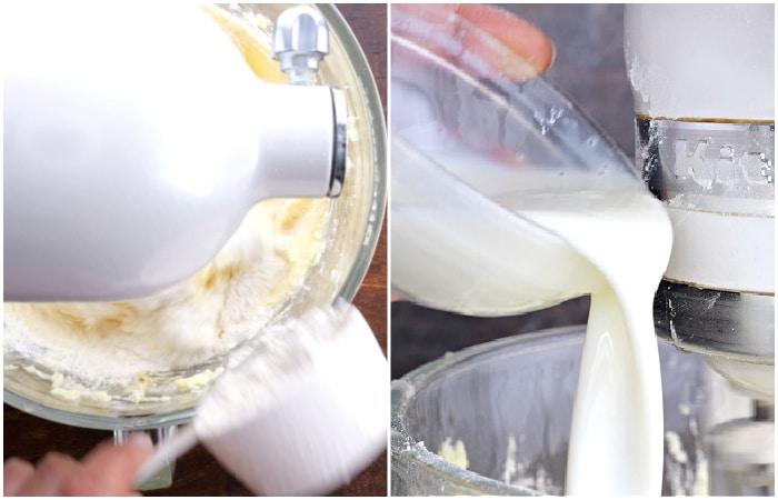Adding flour mixture and buttermilk.