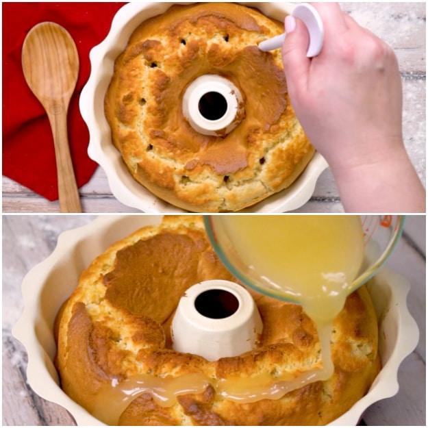 Poking holes in cake and pouring glaze.
