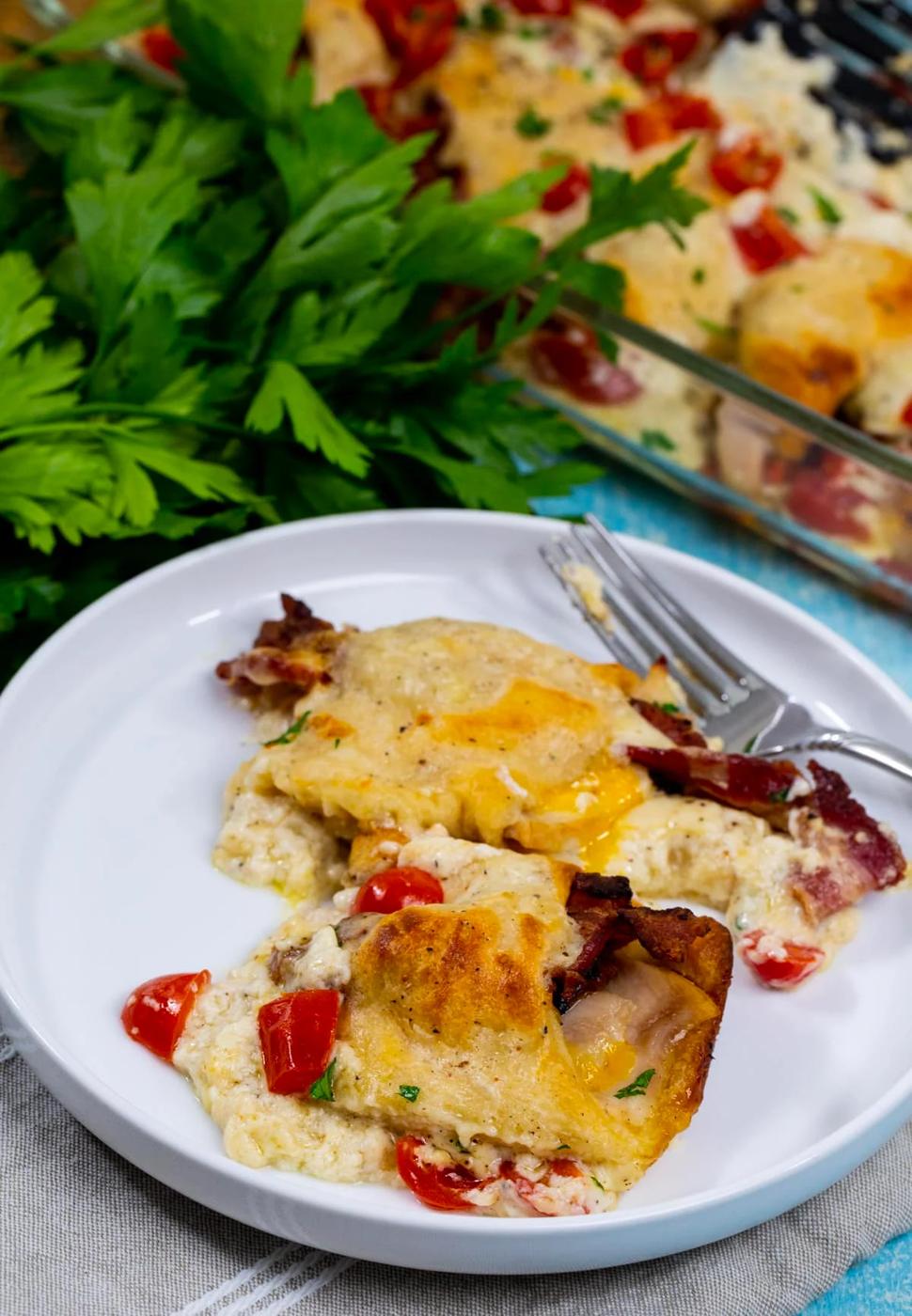 Casserole dished up on a plate.